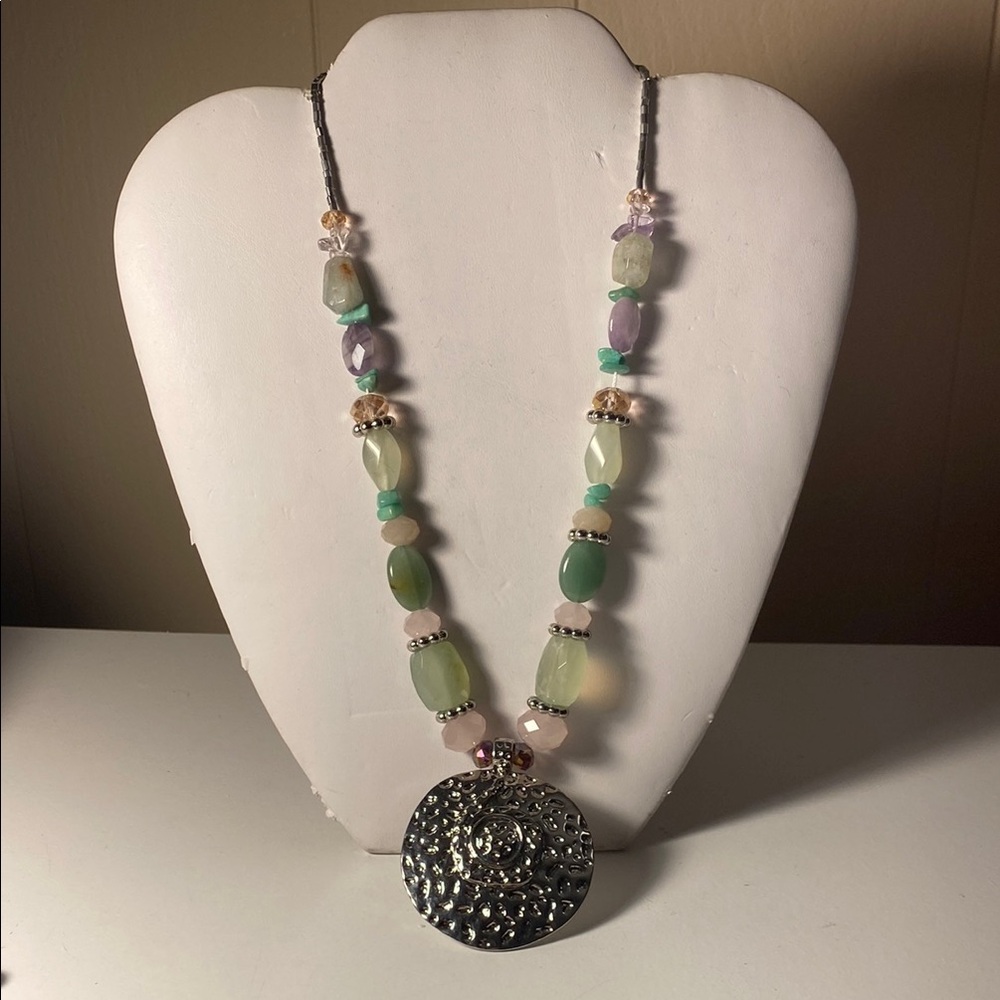 Elegant Multi-Color Beaded Necklace with Silver Pendant